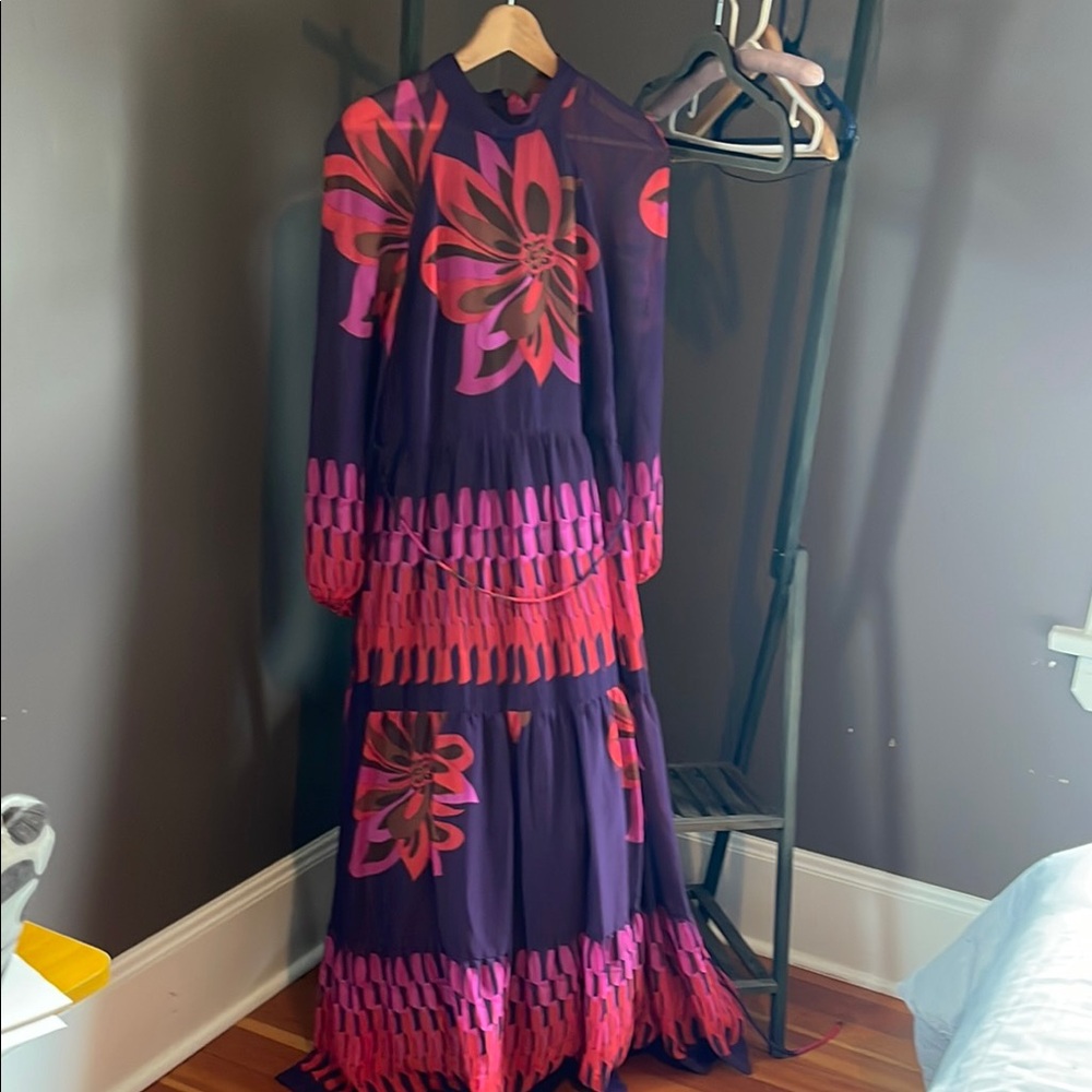 Elegant Floral Long Sleeve Dress - Purple and Red